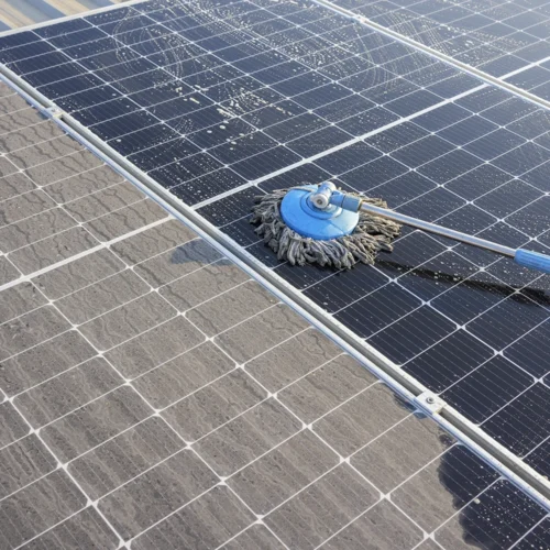 solar panel cleaning, dusty solar panel being mopped