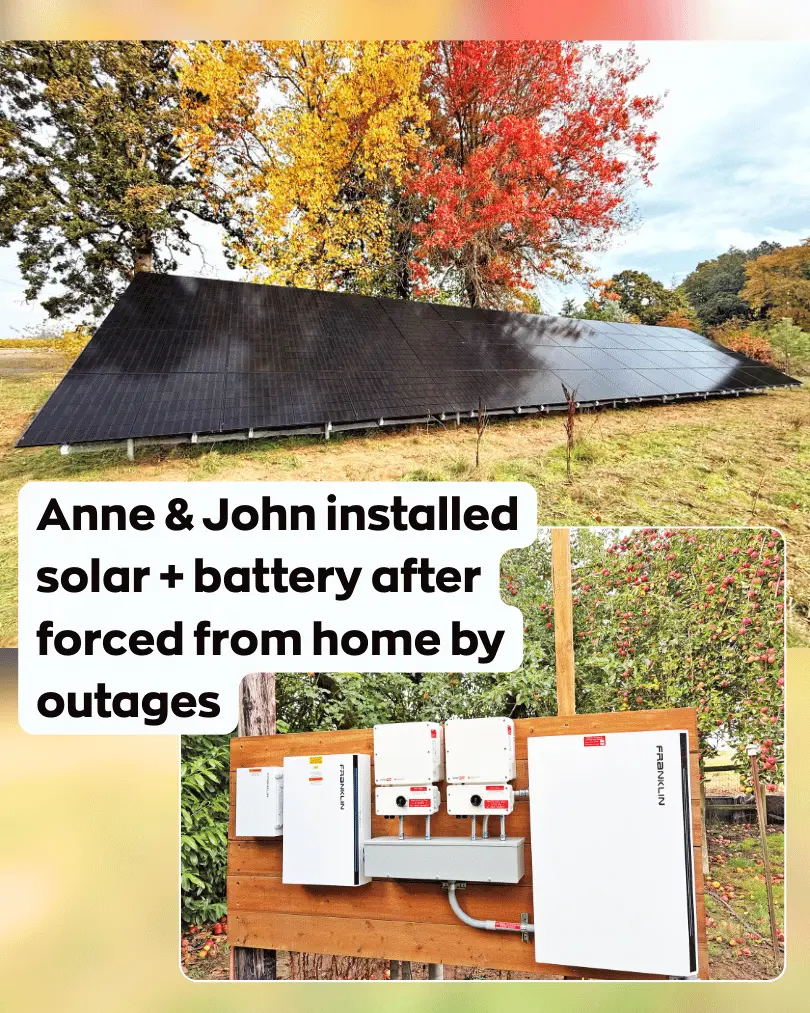 Ground-mounted solar panels and battery backup for family in McMinnville, Oregon, who lost power and were forced from home.