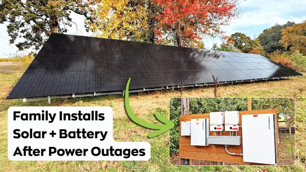 Ground-mounted solar panels and battery backup for family in McMinnville, Oregon, who lost power and were forced from home.