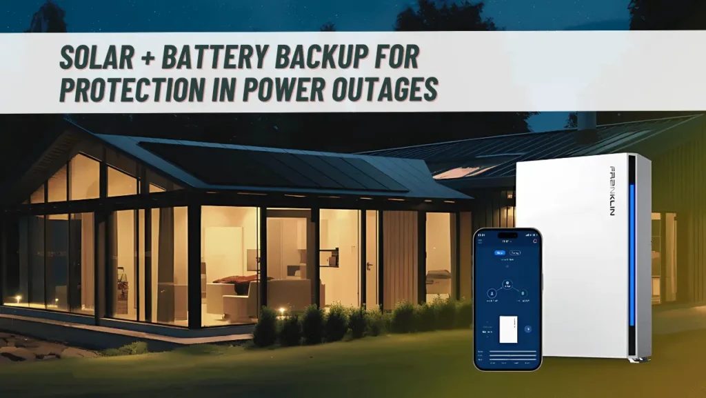 Photo rending of Franklin battery backup and phone application in front of a home with solar panels and lights on in the dark of night.