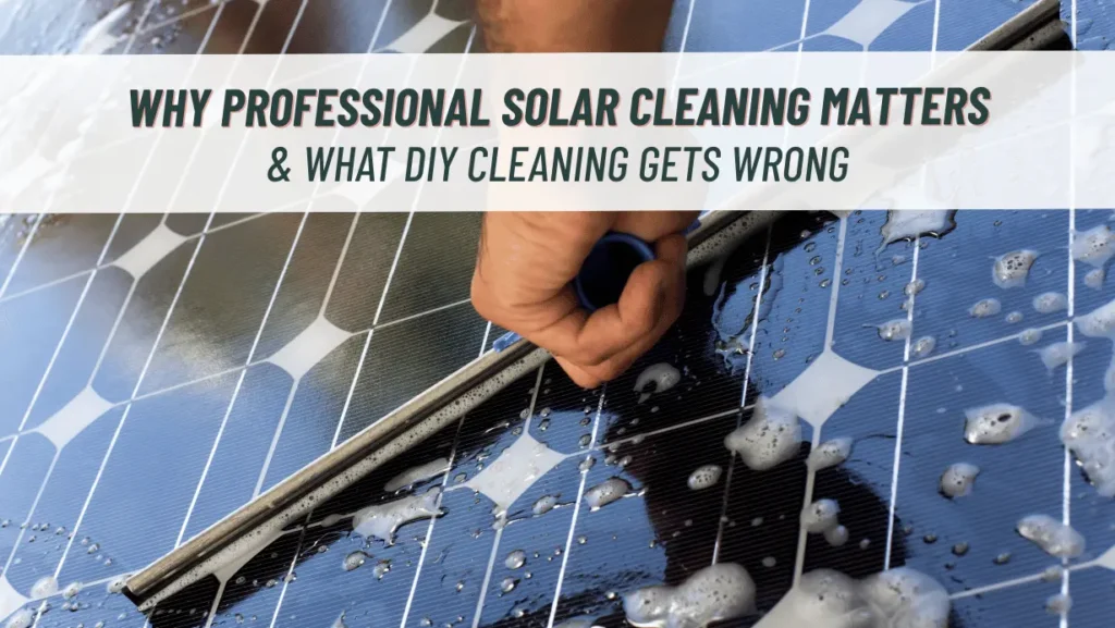 Photo of a hand with squeegee cleaning a soapy solar panel. Headline says "Why professional solar panel cleaning matters, and what DIY cleaning gets wrong."