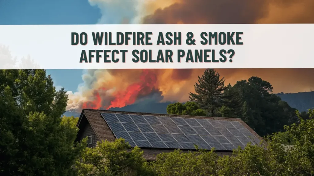 Image of solar panels on a home with massive wildfire, ash, and smoke in the background. Title says "Do Wildfire Ash & Smoke Affect Solar Panels?"