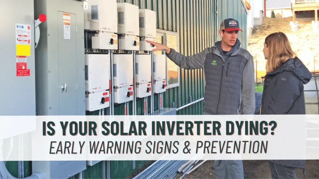 Photo of a Green Ridge Solar technician in front of a row of solar inverters, speaking with a customer about her solar panel system and solar inverters.