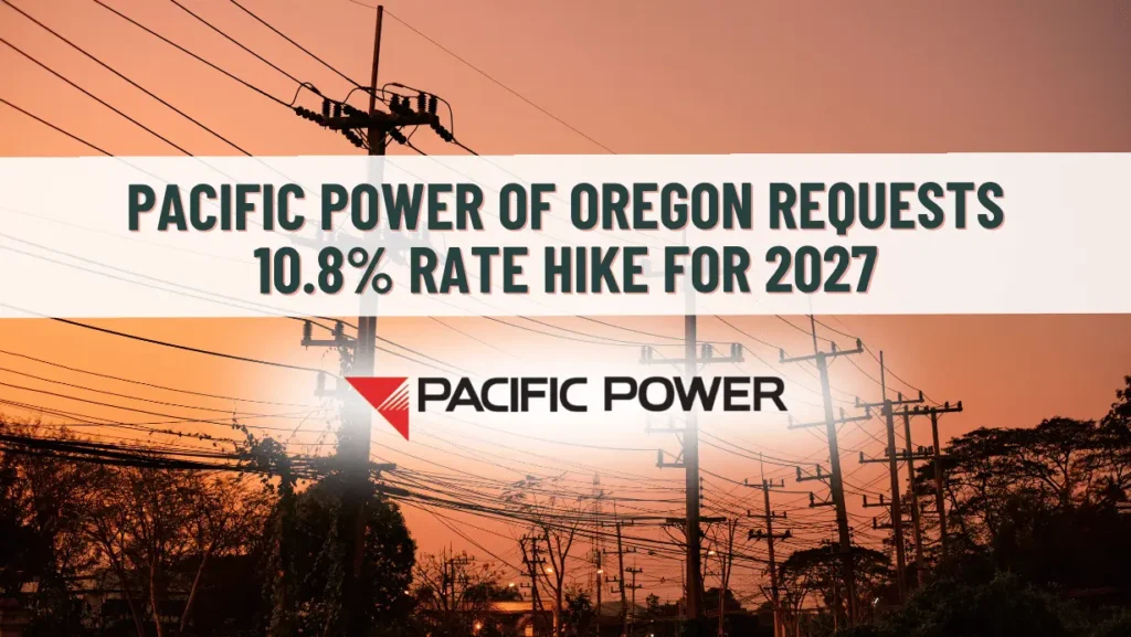 Image of utility power lines with an orange sunset in the background. Banner title says "Pacific Power of Oregon Requests 10.8% Rate Hike for 2027."