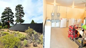 Ground-mounted solar panels and large battery backup system in Bend, Oregon.