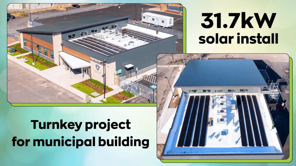 Rooftop solar panels on municipal building in Salem, Oregon. Solar energy for Marion County Evidence Building in Salem, Oregon.