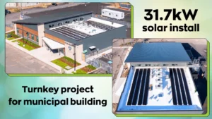 Rooftop solar panels on municipal building in Salem, Oregon. Solar energy for Marion County Evidence Building in Salem, Oregon.