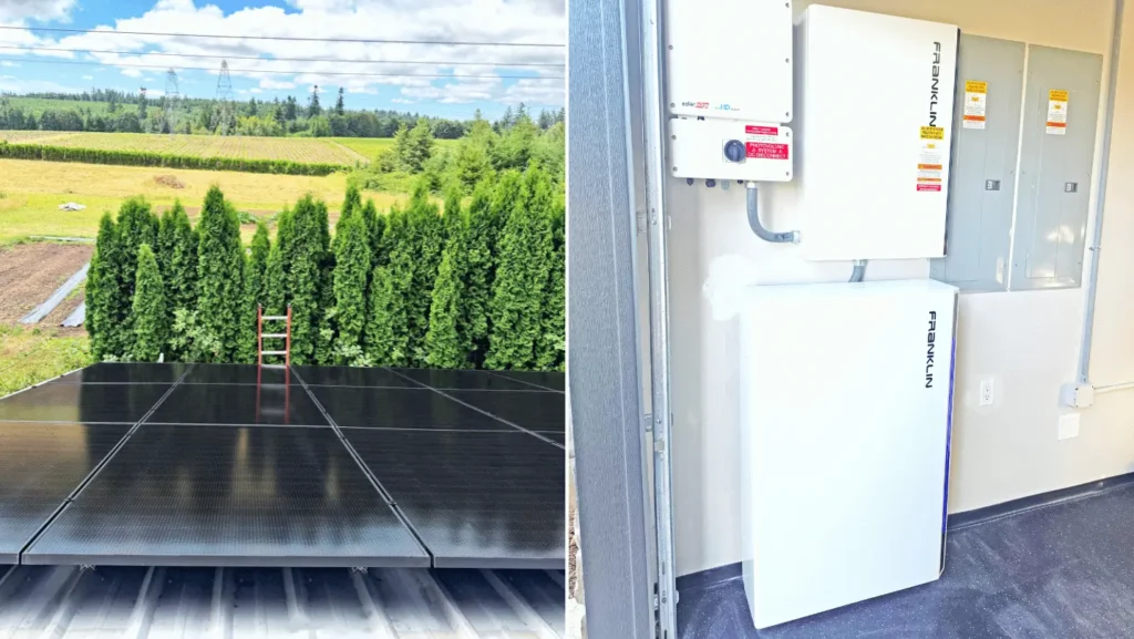 Solar panels on metal roof of a barn in Boring, Oregon, along with a FranklinWH battery backup system.