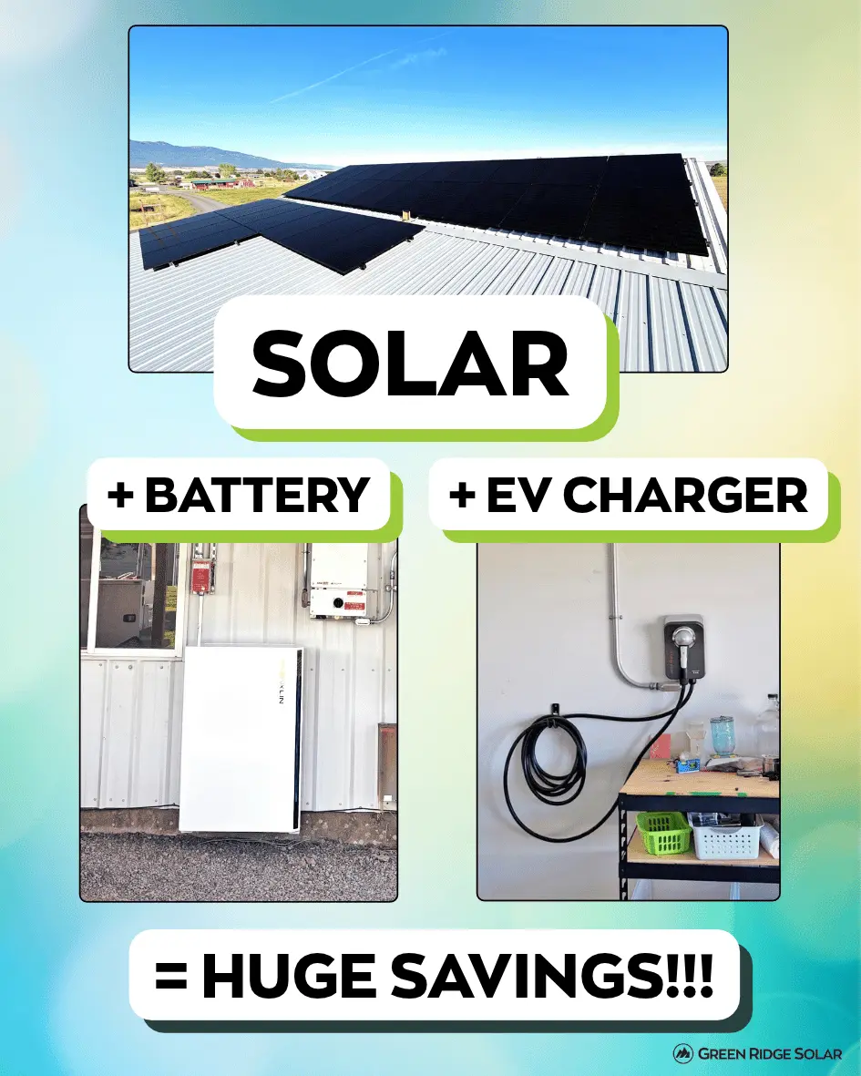 Solar panels installed on metal barn roof, battery backup, and EV charger install in Joseph, Oregon.