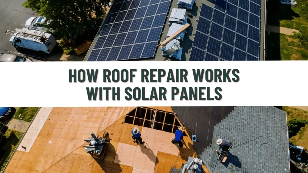 Roofing contractors removing shingles and repairing roof with solar panels.