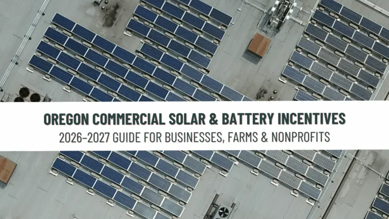 Oregon Commercial Solar & Battery Incentives. A guide to solar panel and battery backup incentives for for businesses, farms, nonprofits, and municipalities.
